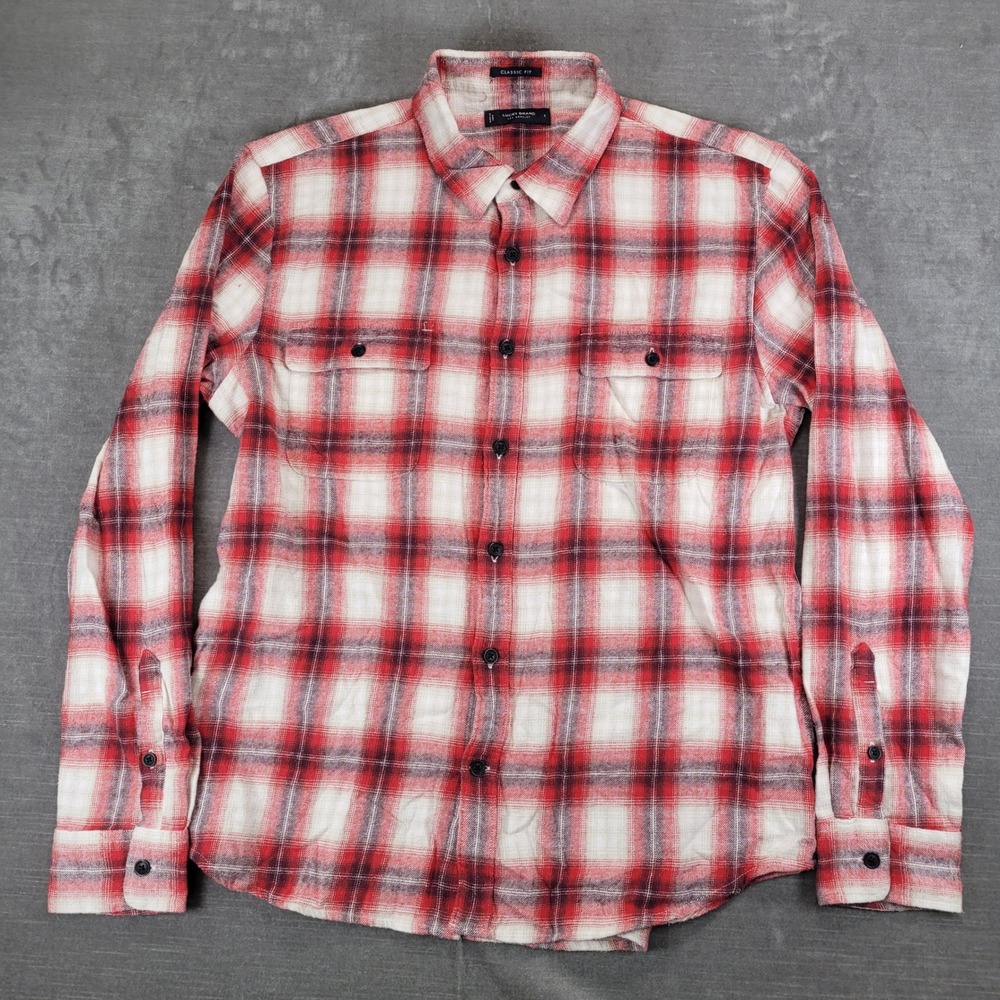 Lucky Brand Mens Classic Fit Red White Plaid Long Sleeve Flannel Shirt Large